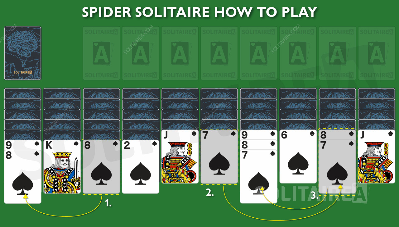 Saat kartu dipindahkan dan disortir, kartu baru yang terkubur akan muncul di Spider Solitaire.